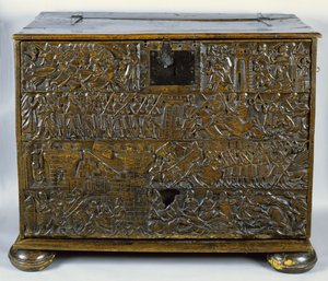 The Courtrai Chest skildrer scener fra Slaget ved Golden Spurs udkæmpet i Courtrai i 1302 (træ)