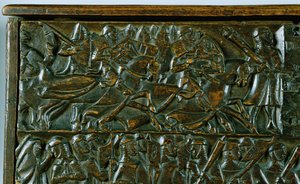 The Courtrai Chest skildrer to scener fra slaget ved de gyldne spor udkæmpet i Courtrai i 1302 (træ) (detaljer) af Flemish School