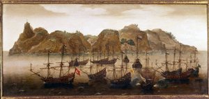 Den hollandske flåde ud for øen St. Helena. Oliemaleri. 17. århundrede. Søfartsmuseet i Amsterdam af Flemish School