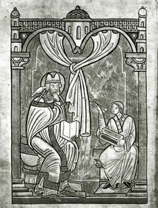 Skt. Gregors ekstase (ca. 540-604) skimtet af diakonen Peter gennem et gardin gennemboret af hans stilet af Flemish School
