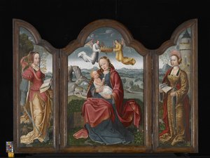 Triptykon med Jomfruen og Barnet, St. Barbara og St. Catherine (olie på træ) af Flemish School