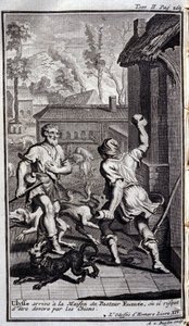 Ulysses ankommer til pastor Eumees hus, eller han kan blive forkælet af hunde. Illustration til bog XIV de l