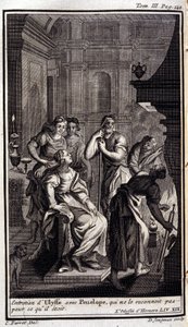 Ulysses interview med Penelope, som ikke genkender ham for, hvad han var. Lilustration til bogen XIX af Odyssee af Homere, i Odyssee, udgivet i Amsterdam i 1731, Collection privee Milan. af Flemish School