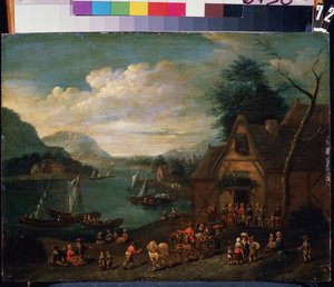 En værtshus ved kysten. Maleri af en flamsk mester, olie på træ, 30 x 35 cm. Flamsk skole i det 16.-18. århundrede. State Museum Arkhangelskoye Estate, Moskva. af Flemish School
