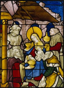 Vindue, der viser Kongernes tilbedelse (farvet glas) af Flemish School