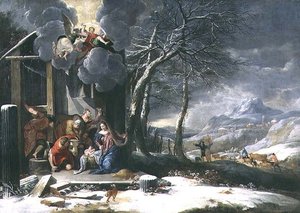 Vinterlandskab med fødselar (olie på lærred) af Flemish School
