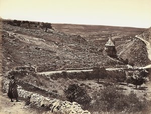 Panoramaudsigt over Cedron-dalen eller Josafat med Absaloms grav i udkanten af Jerusalem. En mas kigger på udsigten fra gaden af Félix Bonfils