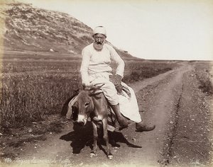 Portræt af en bonde fra omkring Haifa. Manden rider på et æsel af Félix Bonfils