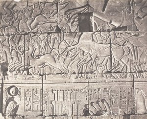 Karnak Theben, paladsindhegning - detaljer om skulpturer ved punkt O, 1851-52, trykt 1853-54.