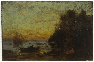 Båd og sejlbåde, solnedgang. På bagsiden: Marine, mellem 1850 og 1860 (olie på træ) af Félix Ziem