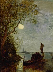 Månebelyst scene med gondol (wc på papir)