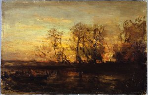 Solnedgang, mellem 1850 og 1860 (olie på karton på træ) af Félix Ziem
