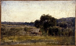 Stråtækt hytte, mellem 1850 og 1860 (olie på papir på lærred) af Félix Ziem