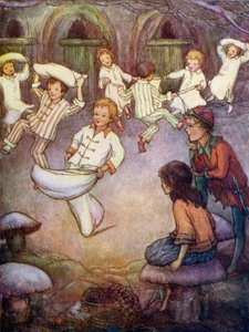 Dans og pudekamp i undergrundshuset (farvelitografi)