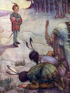 Indianere hilser på Peter Pan som Den Store Hvide Fader (farvelitografi)