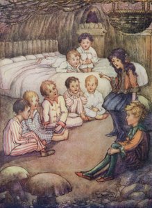 Underjordisk hus i skoven, hvor Wendy fortalte historier (farvelitografi)