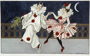 Pjerrot og Colombine danser i måneskin - dess. af Florence Hardy, deb. 20. århundrede