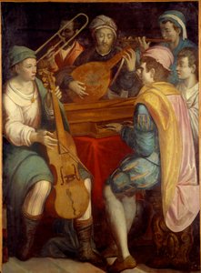 Koncert Lute musikere, epinet, trombone og viola de gamba. Anonymt maleri af den florentinske skole 1550-1600. Søn 1,8x1,3 m