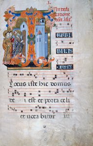 Oplyst initial med en biskop, der velsigner en kirke (Corale 2, ca. 1), til korbog 2 af Santa Maria degli Angeli af Florentine School