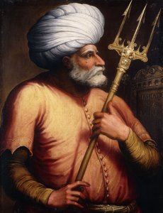 Portræt af Khair el-Din Barbarossa, halvlang, med en Trident, ca. 1580
