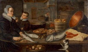 Et køkkenstilleben med en tjenestepige, der renser fisk ved et bord, og en dreng, der holder et æble af Floris van Schooten