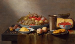 Stilleben med frugt, ost, brød og en bæger (olie på panel)