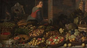 Stilleben med frugt og grøntsager, med Kristus ved Emmaus i baggrunden af Floris Gerritsz van Schooten