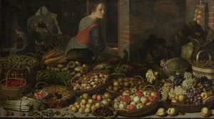 Stilleben med frugt og grøntsager, med Kristus ved Emmaus i baggrunden, ca. 1630