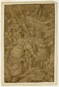 Amor i triumfvogn, ledsaget af guder og gudinder af Follower of Giulio Romano