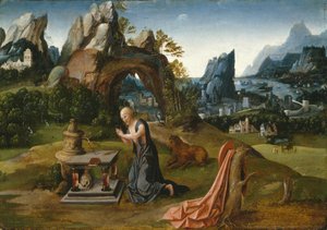 Hieronymus beder i et landskab af Follower of Joachim Patinir