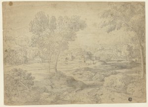 Italiensk landskab med bygninger af Follower of Nicolas Poussin