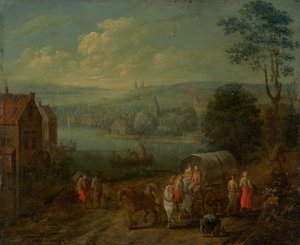 Flodlandskab med landsbyer og rejsende [verso] af Follower of Peeter Gysels