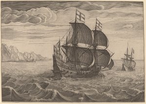 Skib i fuld sejl med to flag af Follower of Pieter Bruegel the Elder