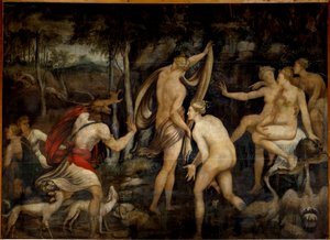 Diane (Artemis), jagtens gudinde, og Acteon, jægermaleri fra School of Fontainebleau (1500-tallet). Mål 2,65 x 3,67 m