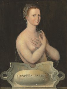 Portræt af Poppaea Sabina, halvfigur, i et gennemsigtigt slør, foran en stenkartouche (olie på panel) af Fontainebleau School