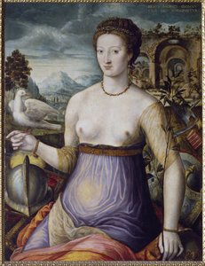 Fredsallegorien, eller Diane de Poitiers med en due Portræt af hertuginden af Valentinois Diane de Poitiers (1499-1566), kong Henrik II af Frankrigs favorit. Maleri af skolen i Fontainebleau, XVI århundrede. Firenze, Museo Nazionale del Bargel