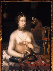 Damen har sit toiletmaleri fra skolen i Fontainebleau. Omkring 1560. Dim. 1,05 x 0,76 m. Dijon, Museum of Fine Arts af Fontainebleau School