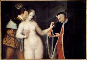 Kvinden mellem to aldre Scene, der repræsenterer en prostitueret bejlet af to mænd i forskellig alder. Maleri af skolen i Fontainebleau. 1588 Rennes, Museum of Fine Arts