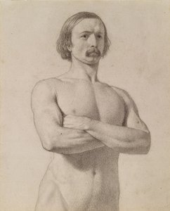 Akademisk nøgenstudie, halvlængde med overskæg og foldede arme, 1849