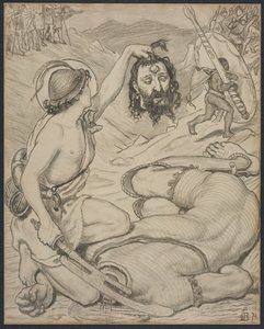 David og Goliath, tegneserie for farvet glasvindue på Jesus College, Cambridge af Ford Madox Brown