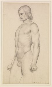 Mandlig nøgenmodel - Akademisk studie, nøgenmodel i trekvart længde, med overskæg og knyttede næver af Ford Madox Brown