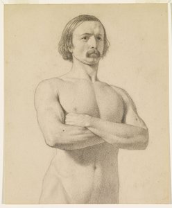 Mandlig nøgen - Akademisk nøgenstudie, halv længde med overskæg og foldede arme af Ford Madox Brown