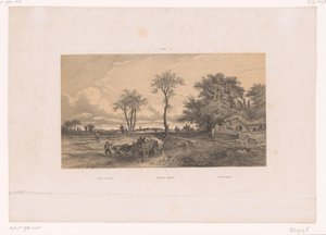 Gårdvogn med okser i et ungarsk landskab Landskab i Ungarn / Ungarische Landschaft / Paisage Húngaro (titel på objektet) Figurer i et landskab (serietitel)