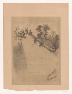 Titeltryk med klippelandskab og rejsende langs en kløft Landskabs- og figurstudier af Férogio (serietitel) Projets de tableaux de figures et paysages, par Férogio (serietitel på objekt)