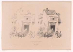 Lastbilchauffør med hest og vogn hviler ved en port Tegnekursus med studier af landskaber, dyr og detaljer (serietitel) Kursus designet. Paysages, figurer, animaux, tilbehør, af Férogio (serietitel på objekt)