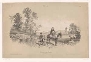 Kvinde på hest med mand og barn i et landskab Studier af landlige scener med to typer kridt (serietitel) La kampagnen. Etude aux deux farveblyanter, af Férogio (serietitel på objekt) af Fortuné Ferogio