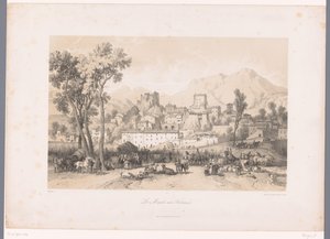 Udsigt over en landsby med et dyremarked i en dal Le Marché aux Bestiaux (titel på objekt) af Fortuné Ferogio
