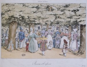 Børn og barnepiger i parken, fra Tableau de Paris-serien, graveret af C. Motte, 1827 af Fortune Delarue