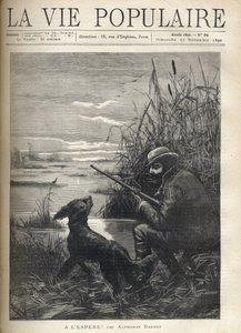 En fuglejæger ser i en sump med sin hund. Illustration af F. Meaulle for "" Hopefully! "" af Alphonse Daudet (1840-1897). Stik fra 1890 i "La vie populaire". Privat samling af Fortune Louis Meaulle