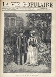 En mand med bequilles går med en elegant ung kvinde i gyderne i en park. En anden mand følger efter dem. Illustration af Fortune Louis (Fortune-Louis) Meaulle for "" L